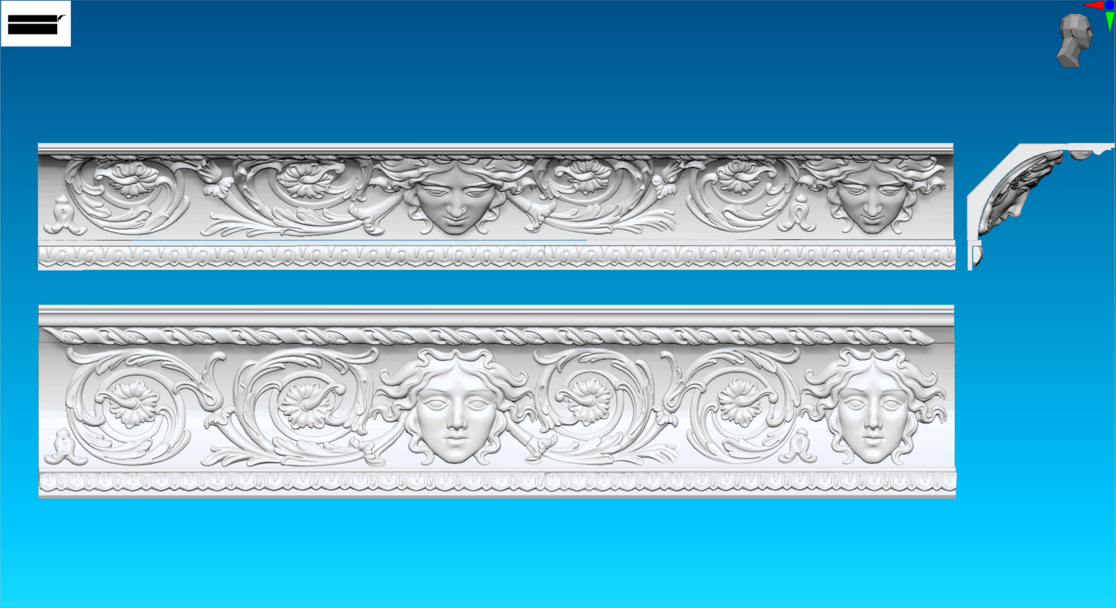 C001 ornamental cornice design with classical faces and scrolls